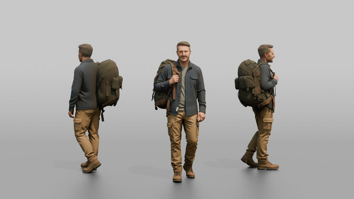 Father Carrying A Large Stuffed Backpack Over One Shoulder - 3D character model, view 1
