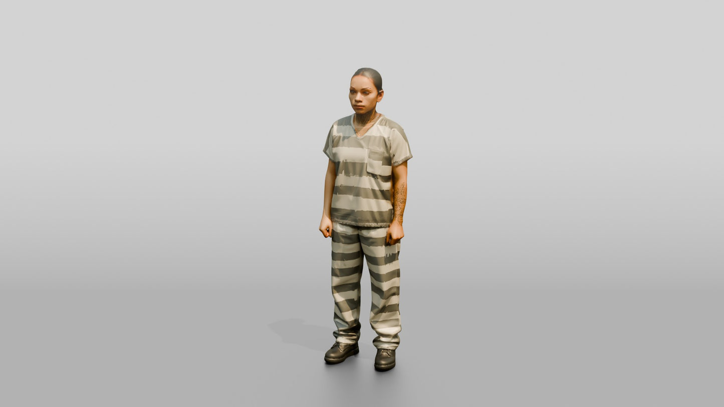 Latina Female Prisoner in a Grey-white Striped Uniform
