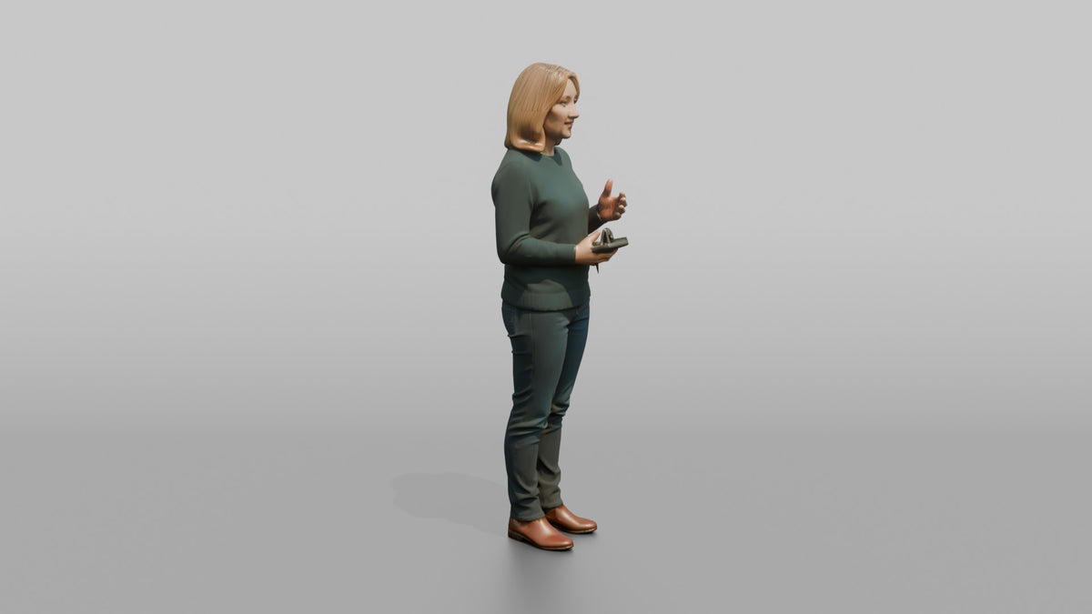 Woman Customer Gesturing While Asking A Question Toward A Staff Member Off-frame - 3D character model, view 2