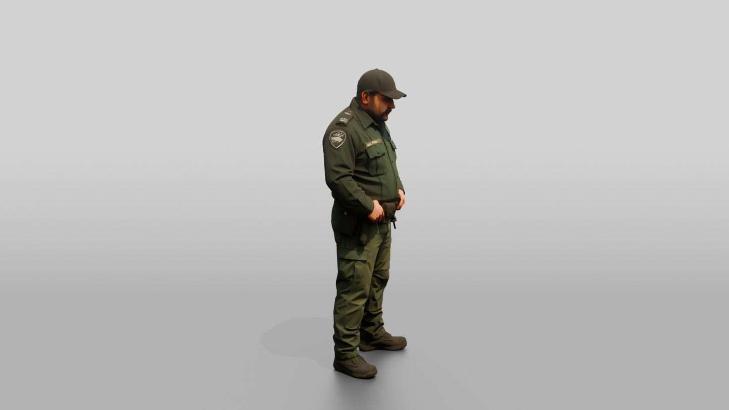 Stocky Latino Male Guard in a Dark Green Uniform