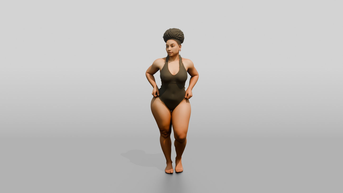 Curvy Black Woman in Olive One-Piece Swimsuit Hands on Hips