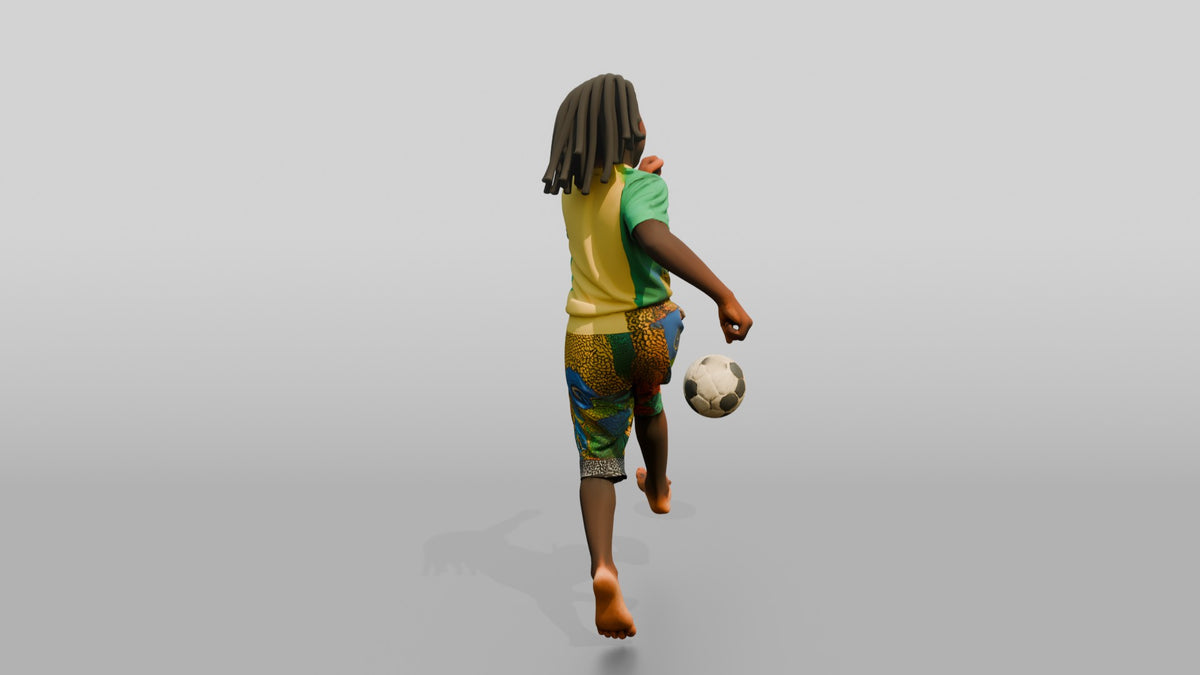 African Boy Playing Soccer in Patchwork Shorts - 3D character model, view 3