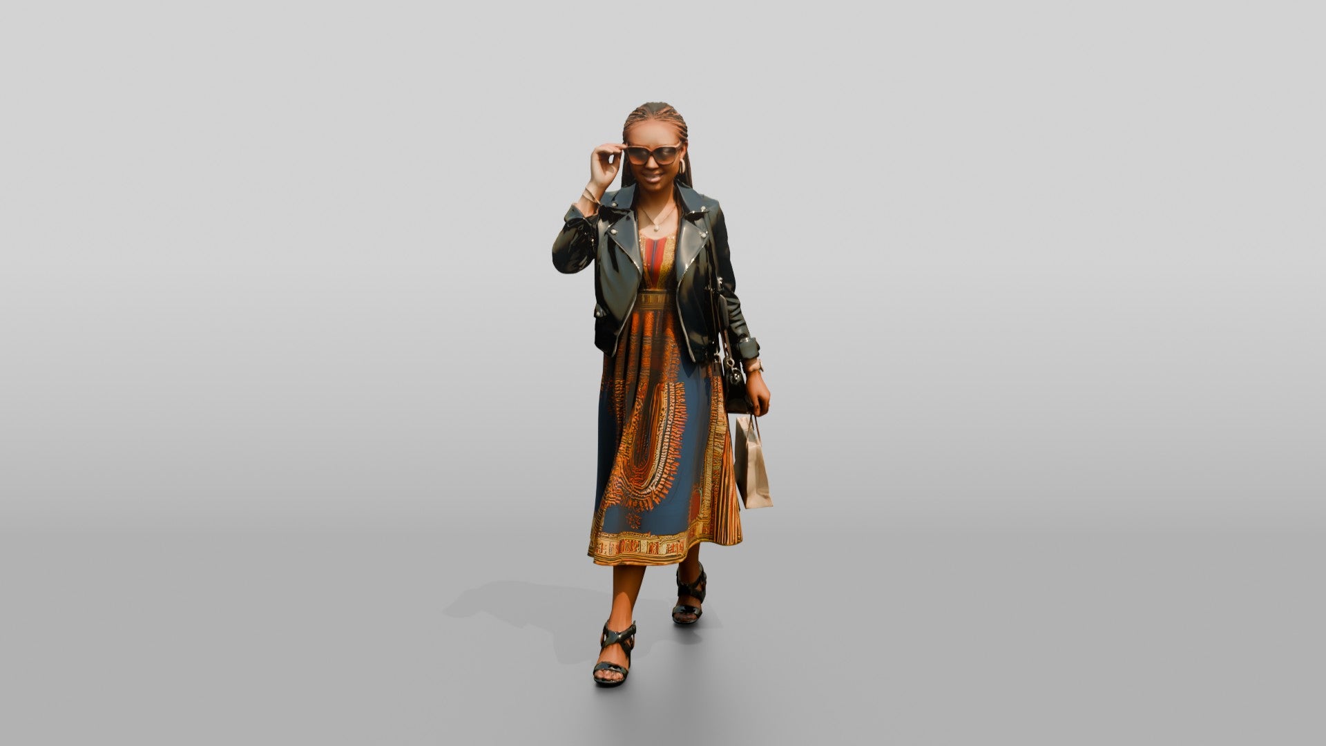 Stylish African Woman in a Leather Jacket and Print Dress