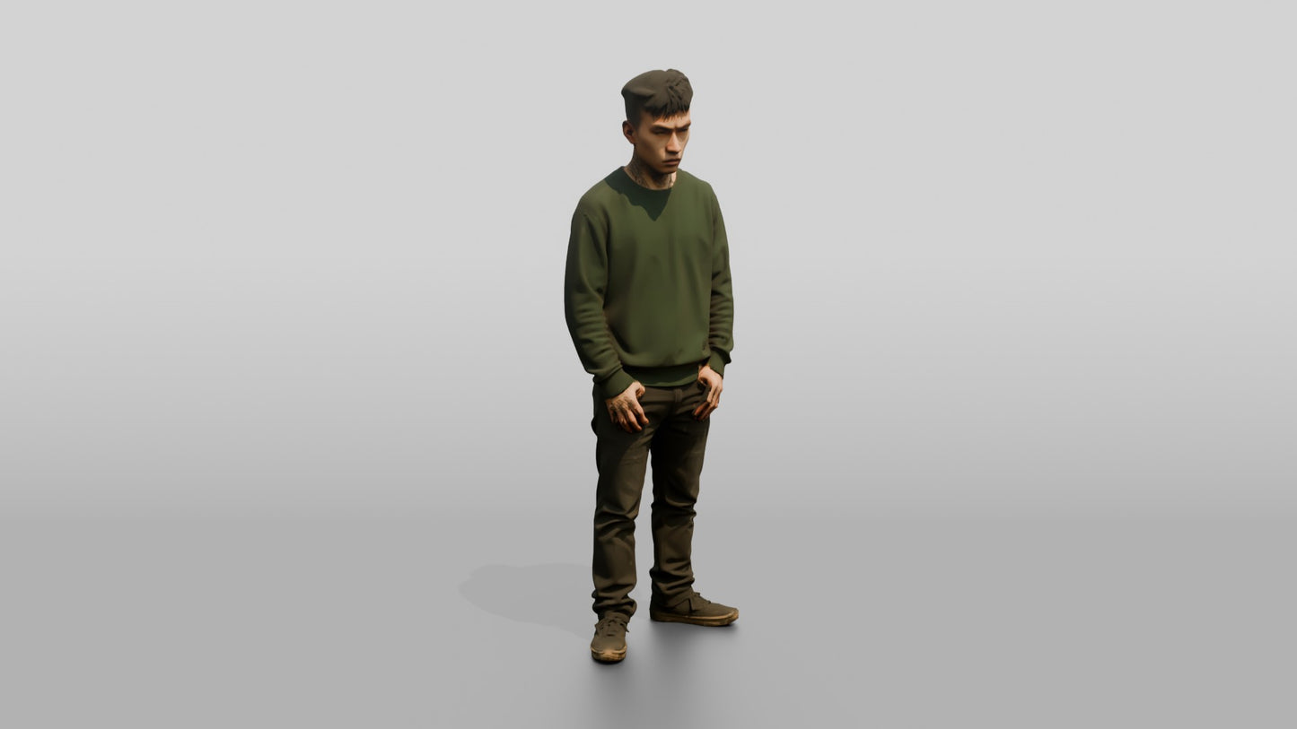 East Asian Male Prisoner in a Green Crewneck Sweatshirt