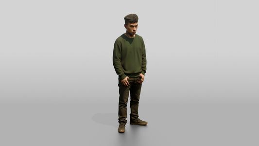 East Asian Male Prisoner in a Green Crewneck Sweatshirt - 3D character model, view 1