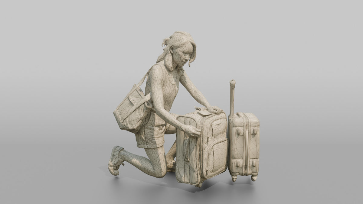 Traveler Kneeling To Zip Her Suitcase - wireframe topology preview