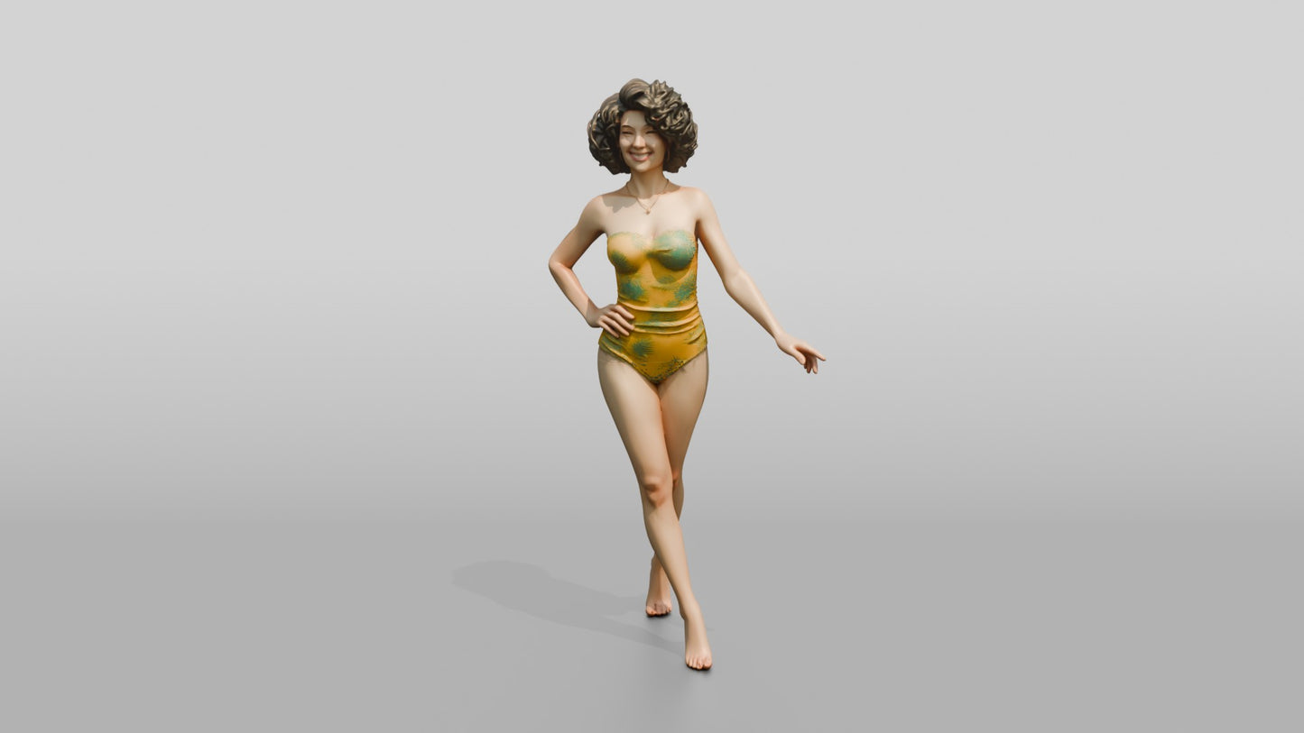 Woman in Gold One-Piece Swimsuit Walking