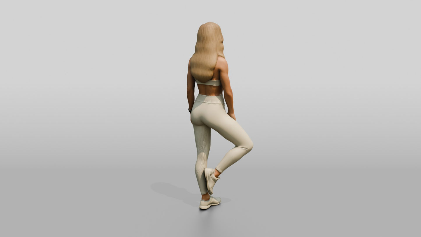 Blonde Woman in Cream Activewear in a Balance Pose