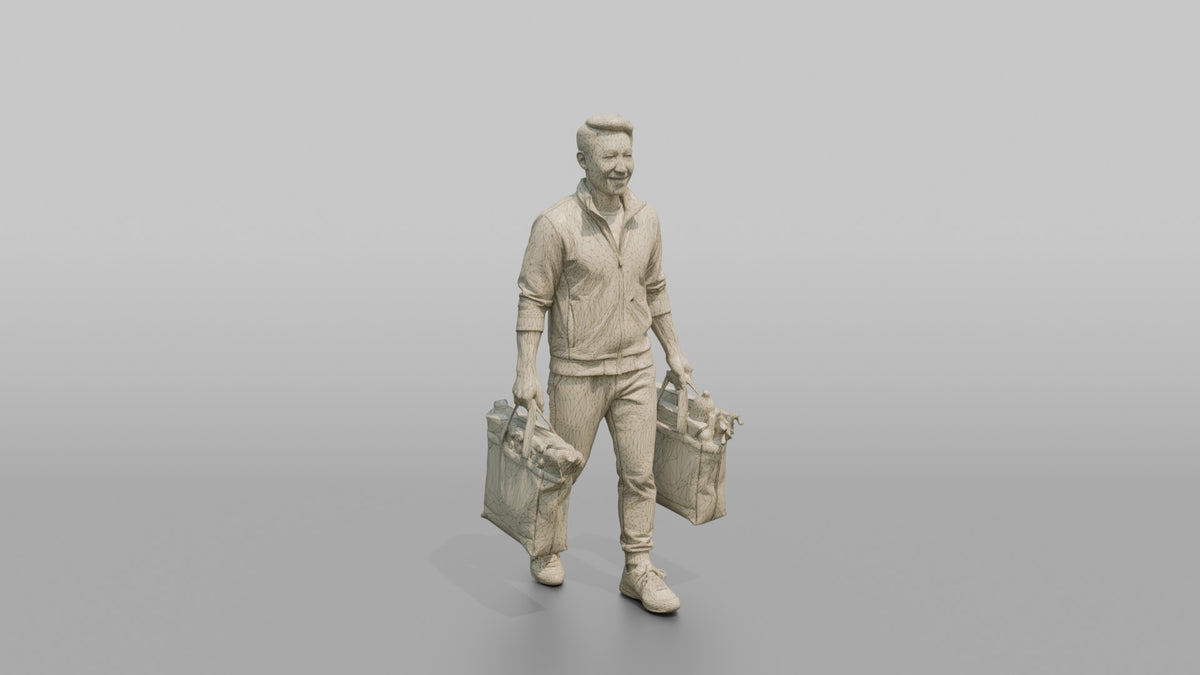 Father Carrying Two Grocery Bags, One In Each Hand - wireframe topology preview