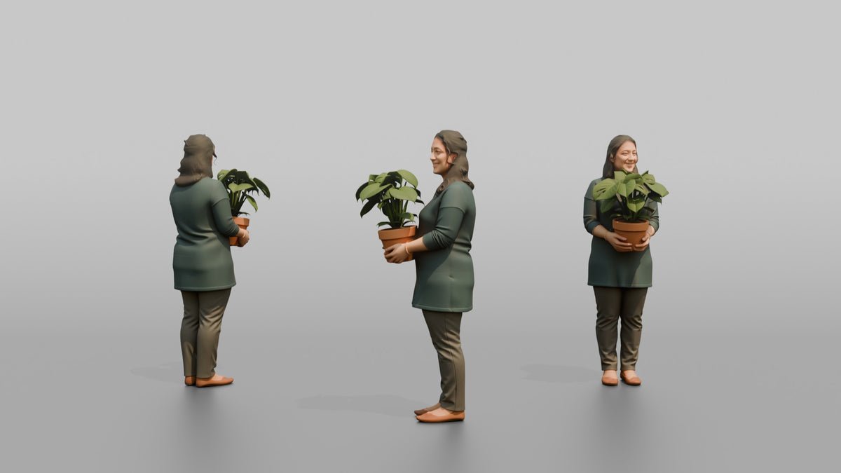 Mother Holding A Small Potted Plant With Both Hands - 3D character model, view 1