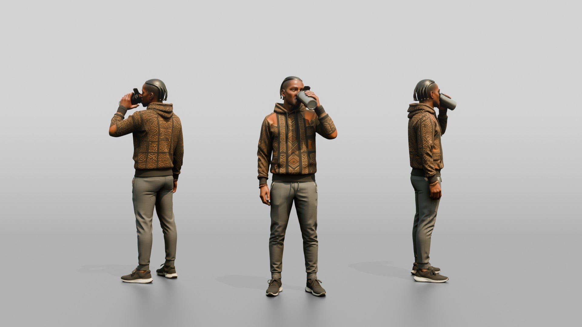Athletic African Man Drinking Coffee in a Geometric Print Hoodie