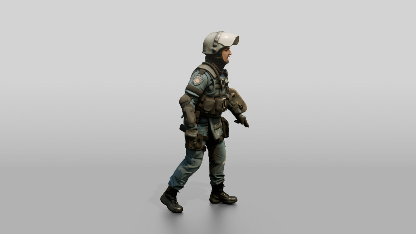 Riot Police Officer Walking with Gear