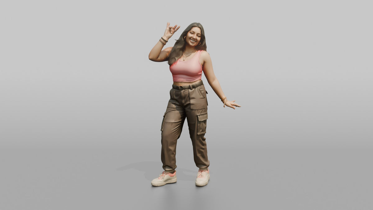 Patron Woman Striking A Playful Pose In A Neon Crop Top And Cargo Pants - 3D character model, view 5