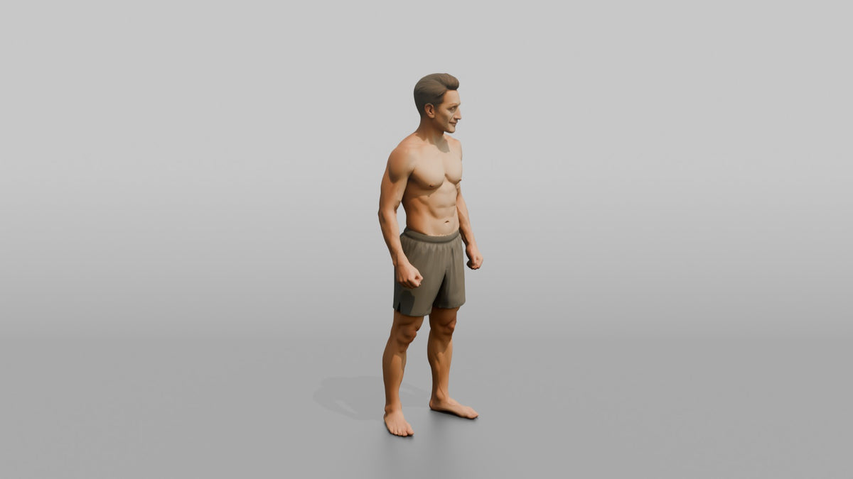 Physique Model Man Standing With Arms At Sides, Muscles Slightly Flexed - 3D character model, view 2