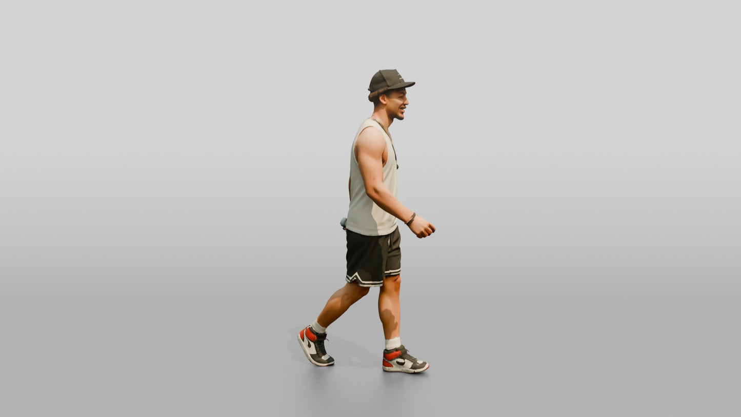 African-American Man Walking Dynamically on the Boardwalk
