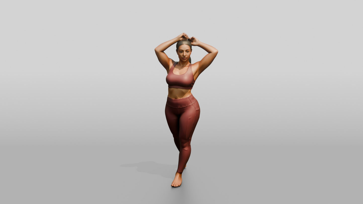 Curvy Woman in Rose Activewear Arms Raised to Her Hair