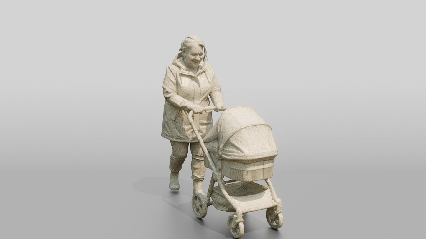 White Woman in Polka-Dot Raincoat Pushing a Pram
