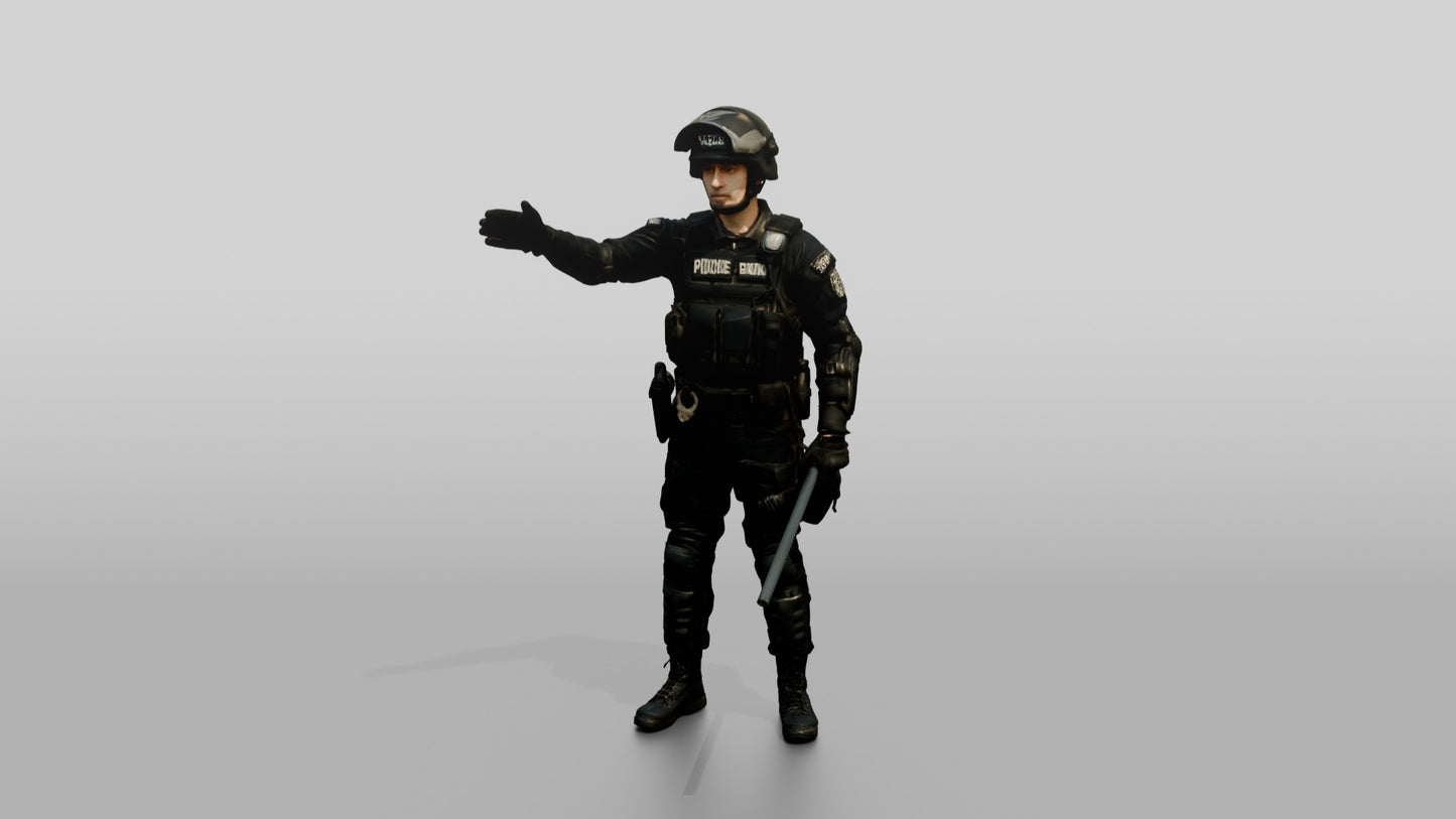 Riot Police Officer Gesturing with Hands