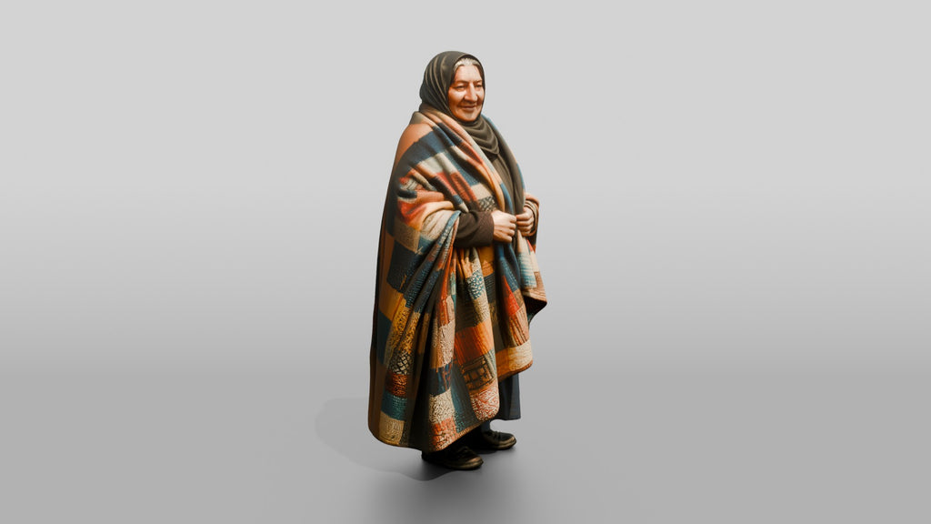 Homeless Woman Draped in a Patchwork Quilt