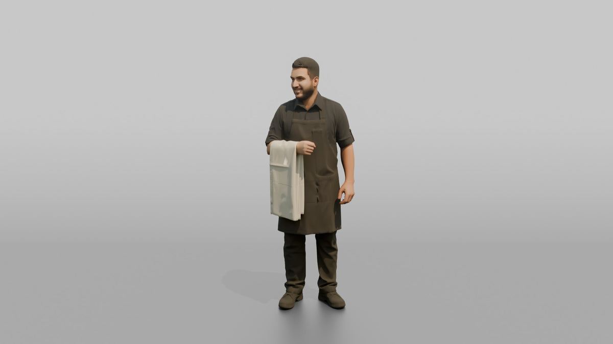 Server Man Draping A Table Cloth Over One Arm - 3D character model, view 4