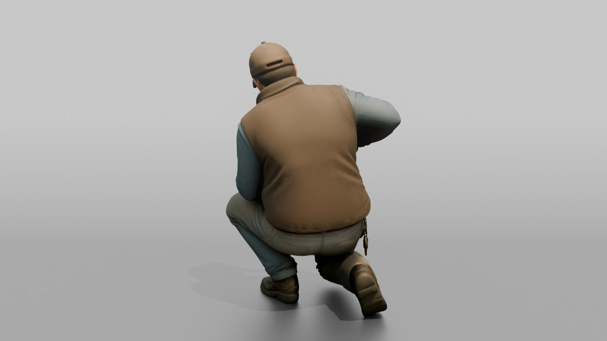 Farmer Connecting Brass Irrigation Pipes - 3D character model, view 3