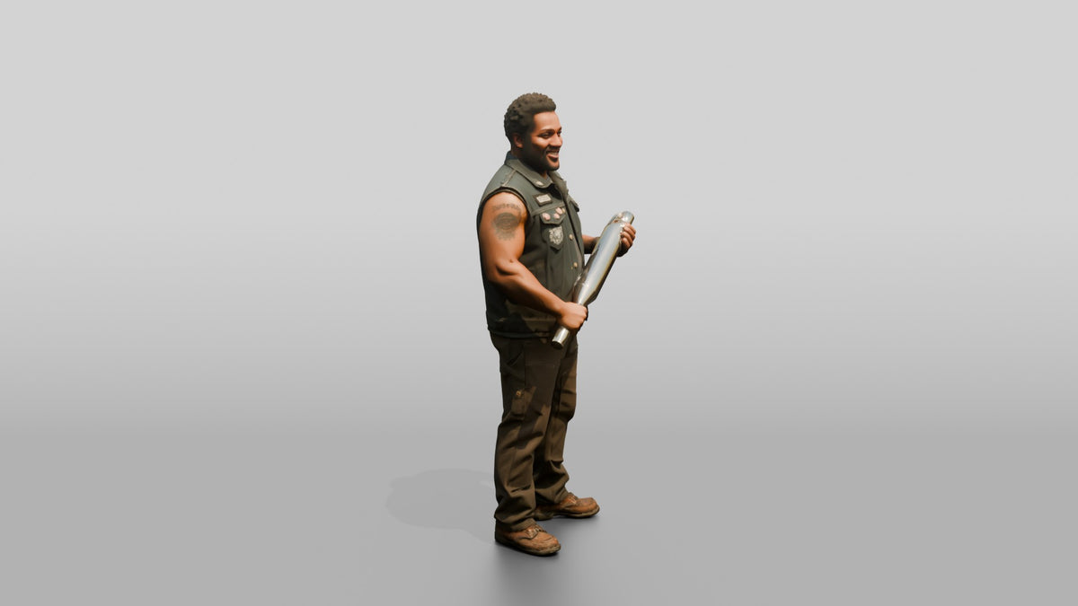Mechanic Holding a Chrome Muffler - 3D character model, view 2