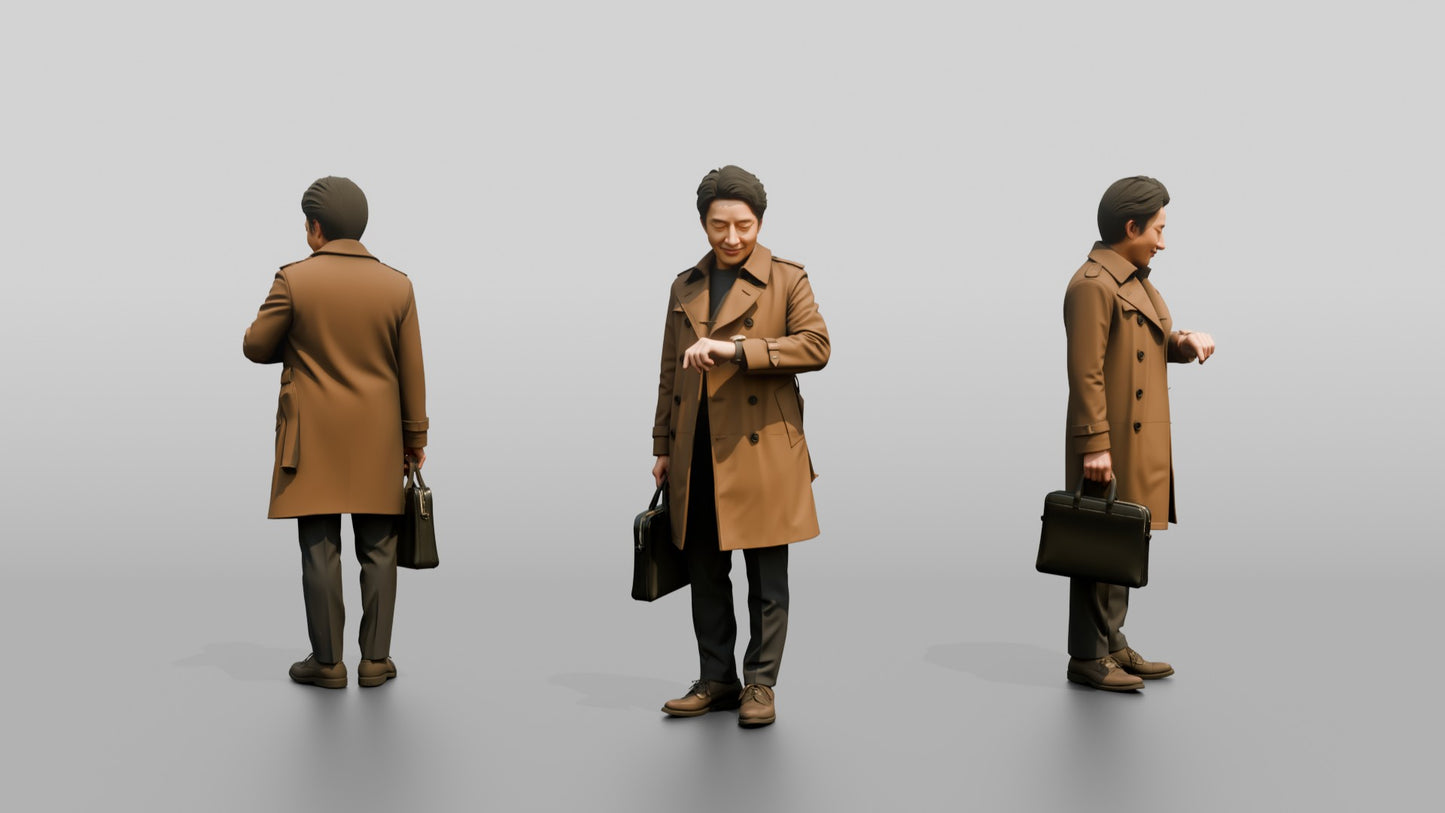 East Asian Man in Brown Raincoat Checking Watch