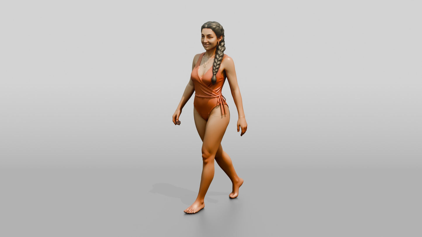 Woman in Terracotta One-Piece Swimsuit Walking