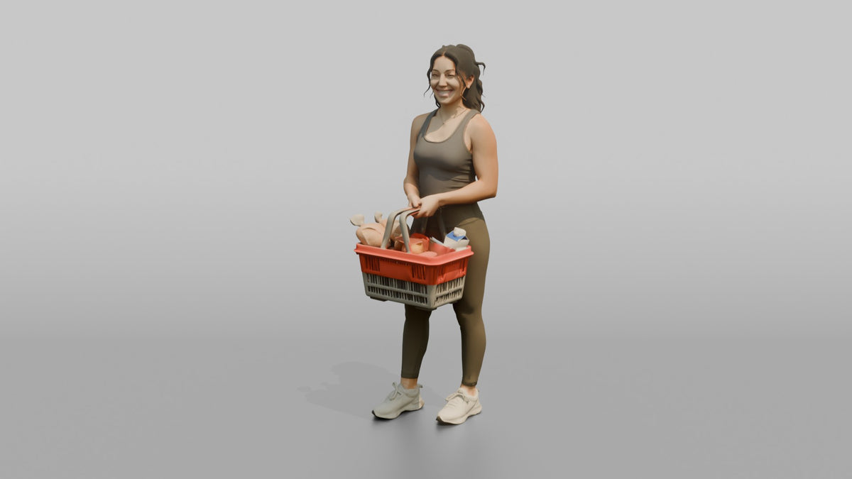 Woman Customer Holding A Shopping Basket With Both Hands - 3D character model, view 4