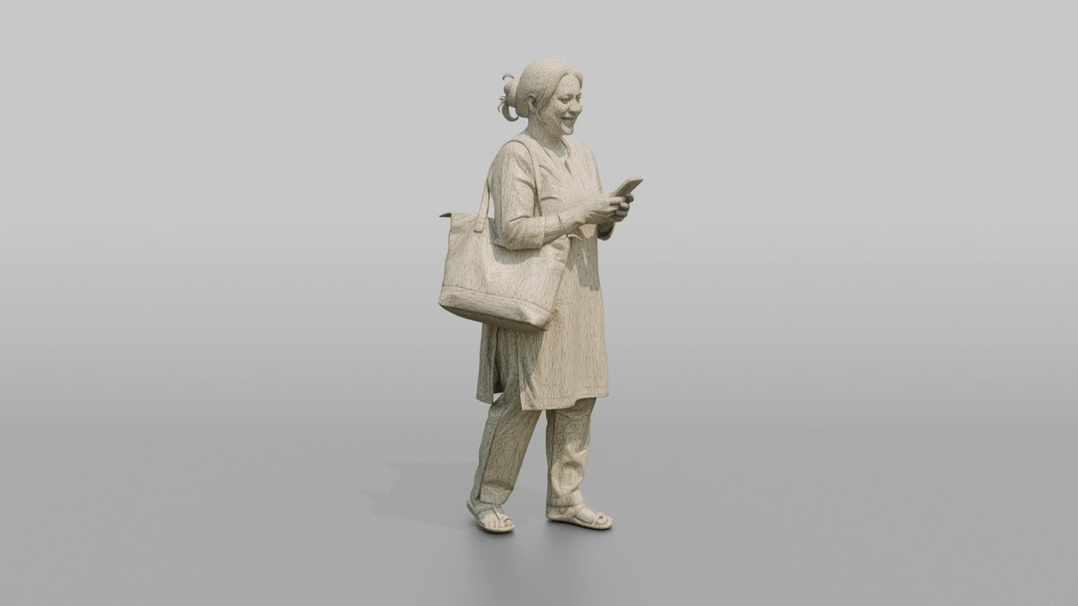 Mother Carrying A Large Tote Bag, Phone In Her Other Hand - wireframe topology preview