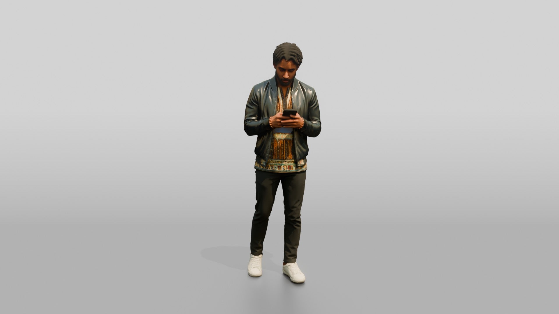 Stylish African Man Texting in a Leather Bomber Jacket