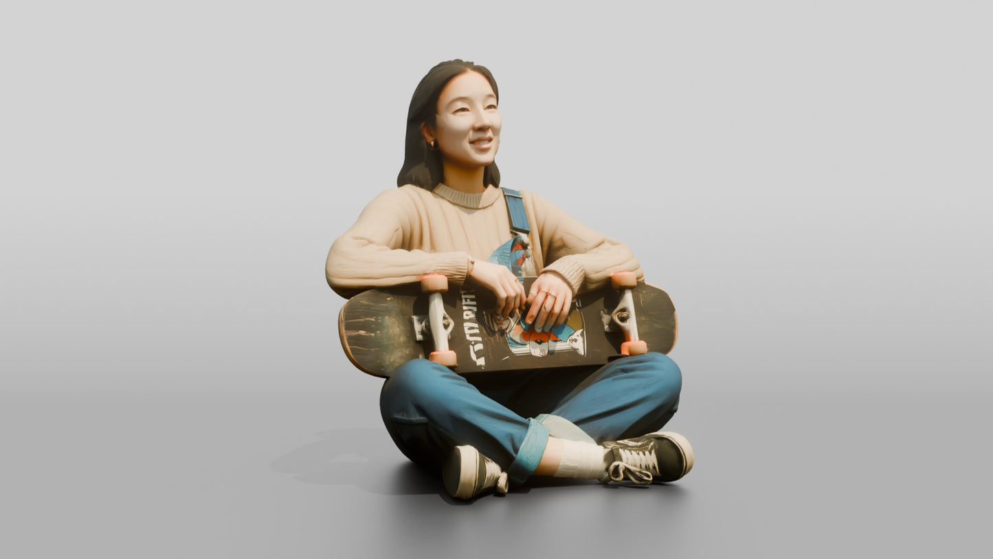 Skater Woman Sitting with Skateboard