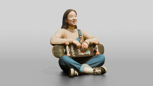 Skater Woman Sitting with Skateboard - 3D character model, view 1