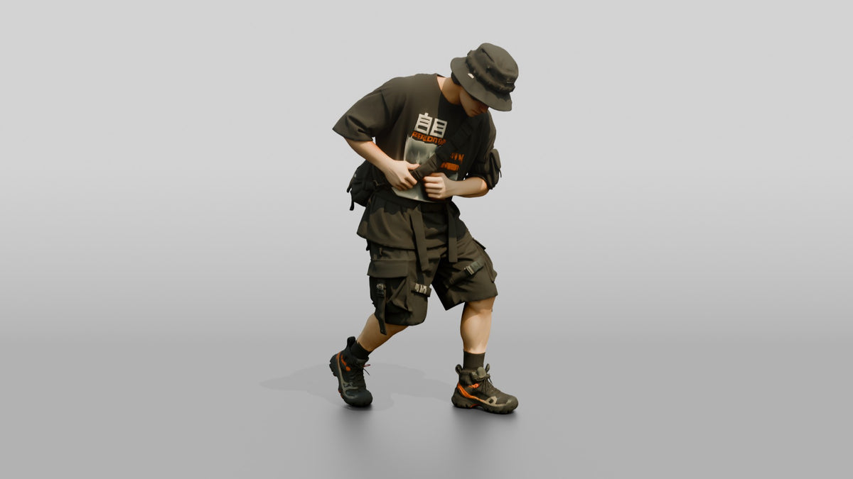 Techwear Man in Graphic Bucket Hat Streetwear - 3D character model, view 5