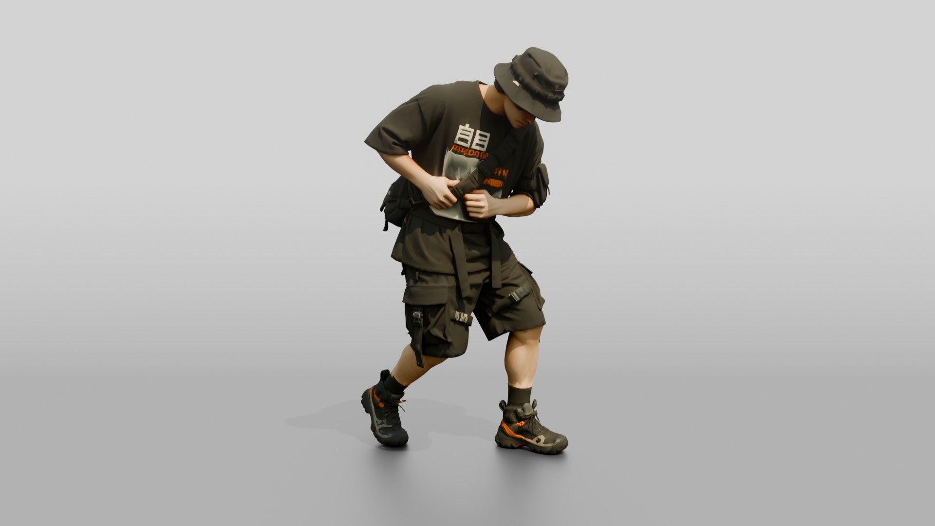 Techwear Man in Graphic Bucket Hat Streetwear