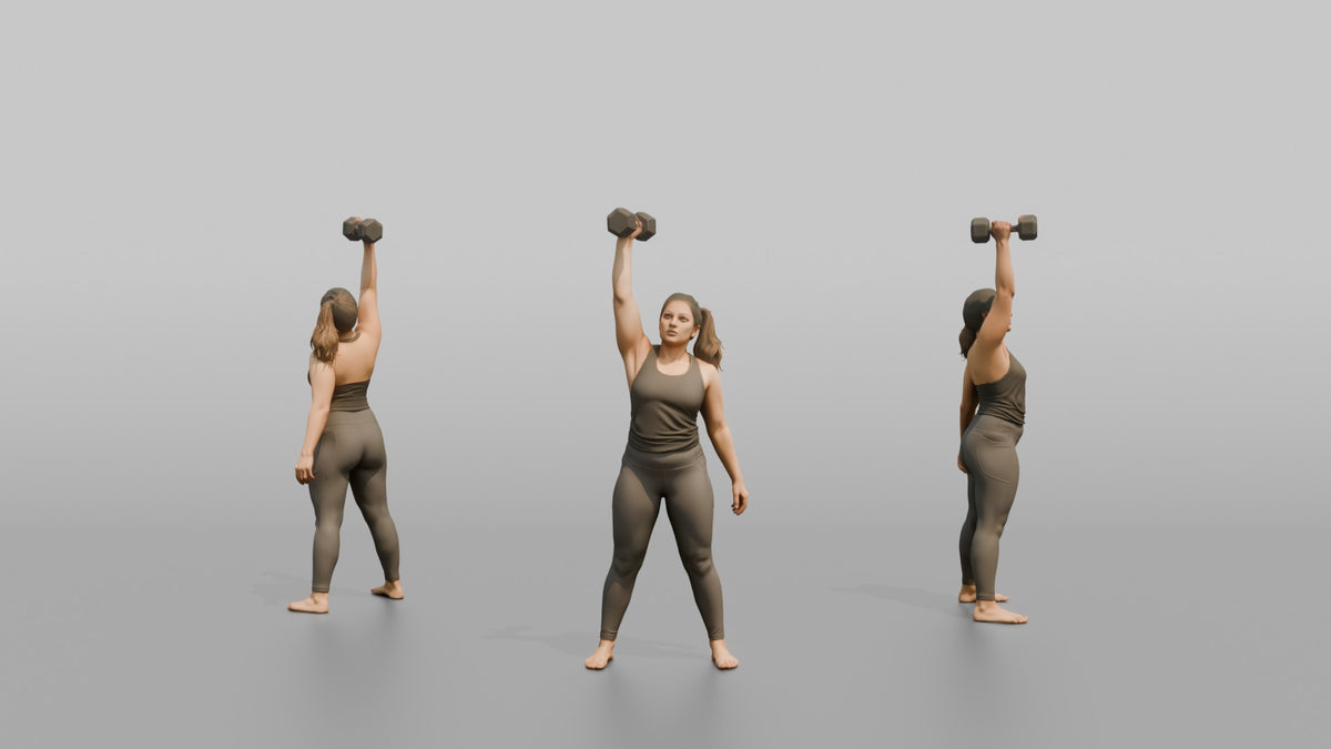 Weightlifter Woman Pressing A Dumbbell Overhead - 3D character model, view 1