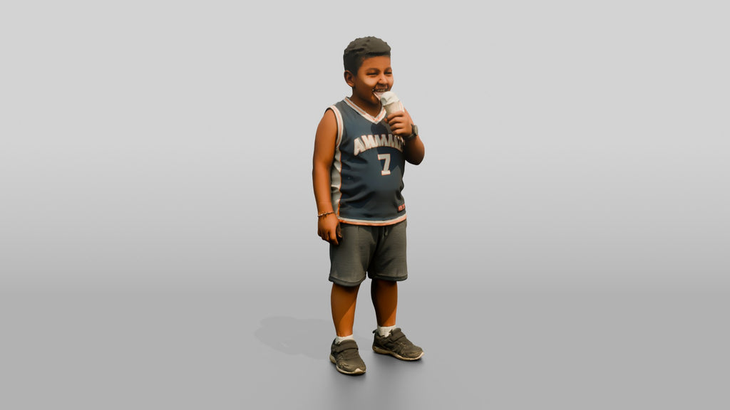 Stocky Young Jordanian Boy Eating an Ice Cream Cone