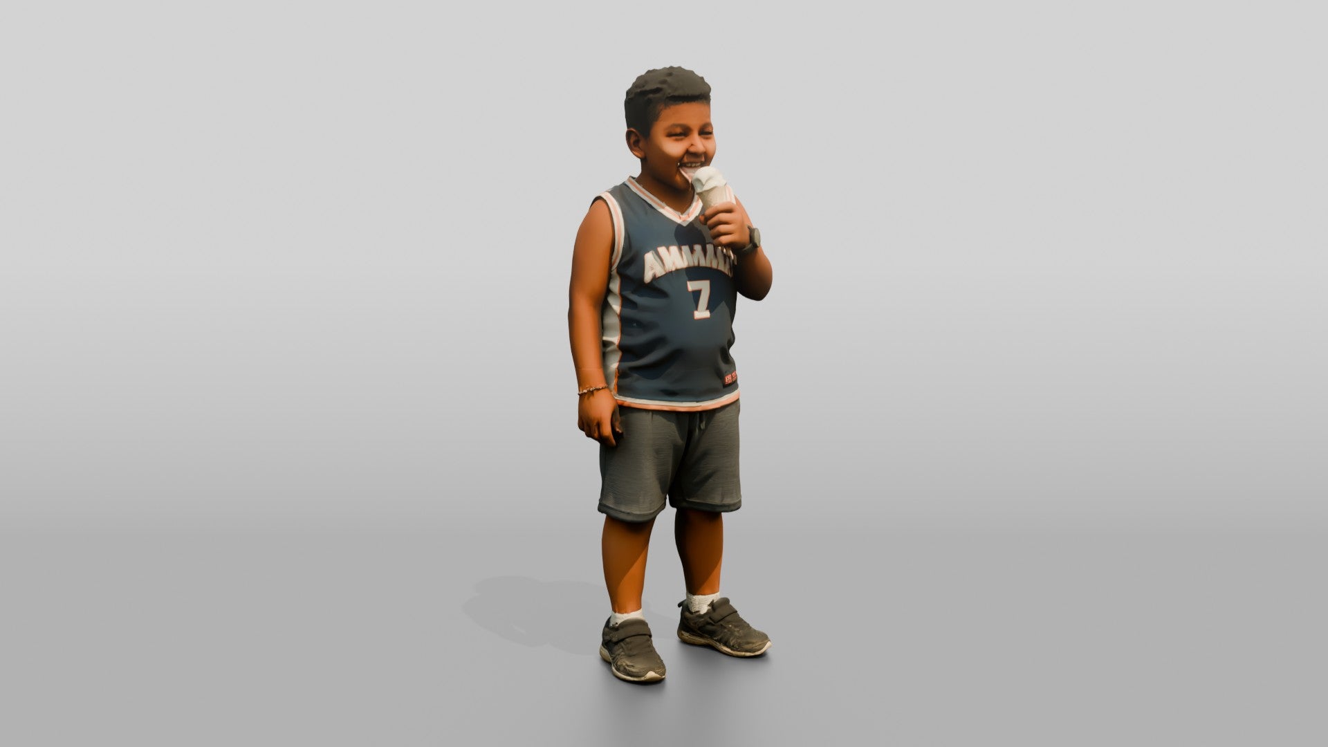 Stocky Young Jordanian Boy Eating an Ice Cream Cone