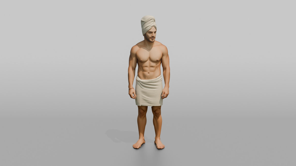 Spa Client Man Standing With A Towel Wrapped Turban-style Around The Head - 3D character model, view 5