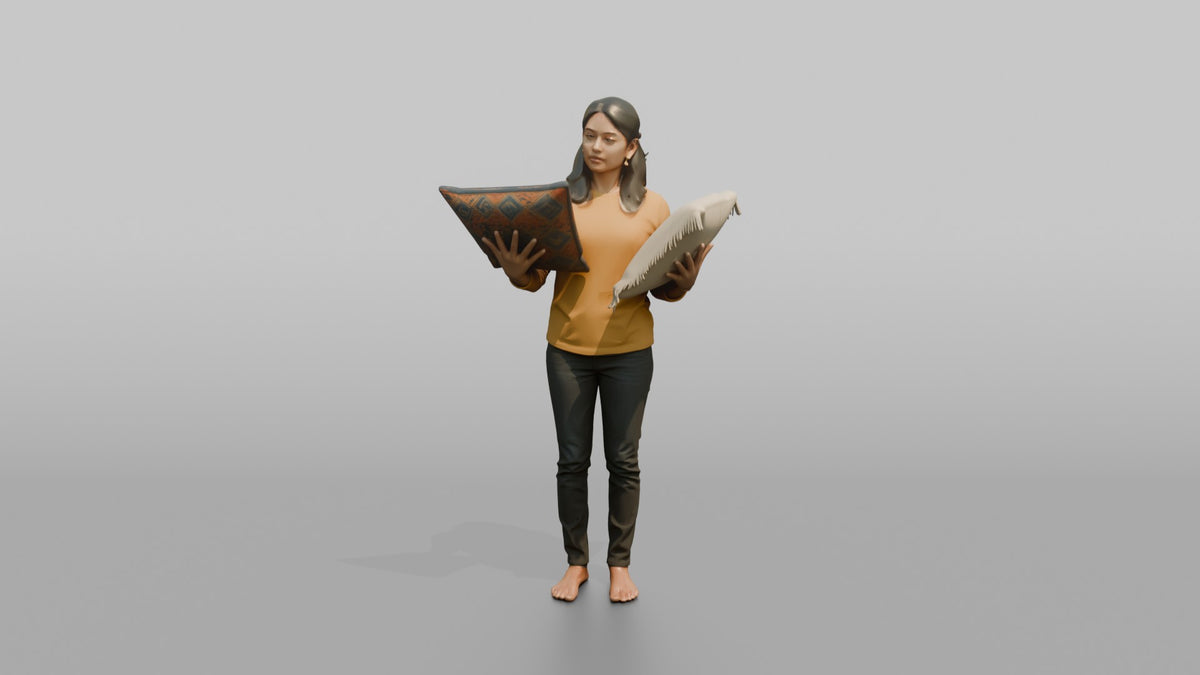 Woman Customer Comparing Two Throw Pillows Side By Side - 3D character model, view 5
