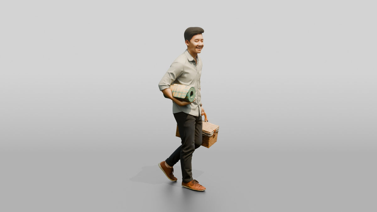 Young Chinese Man Carrying a Picnic Basket - 3D character model, view 2
