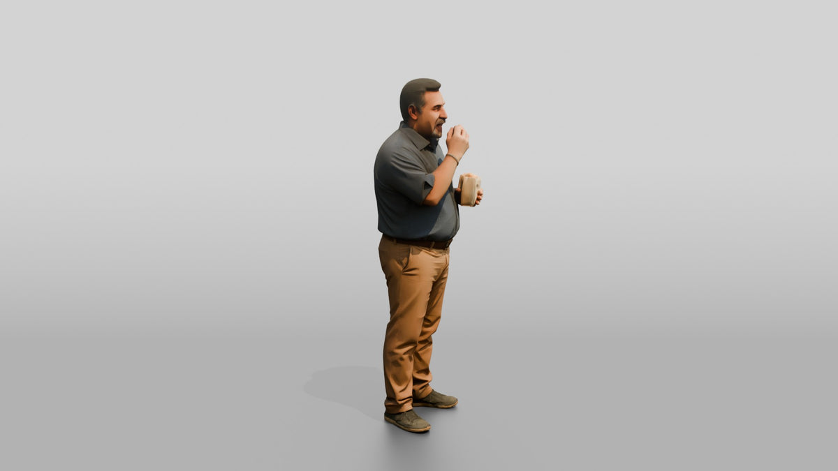 Plus-Size Middle-Aged Persian Man Eating a Snack - 3D character model, view 2