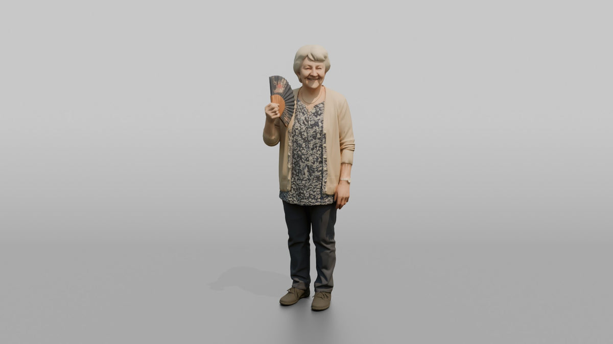 Grandmother Holding A Fan, Gently Fanning Herself - 3D character model, view 2