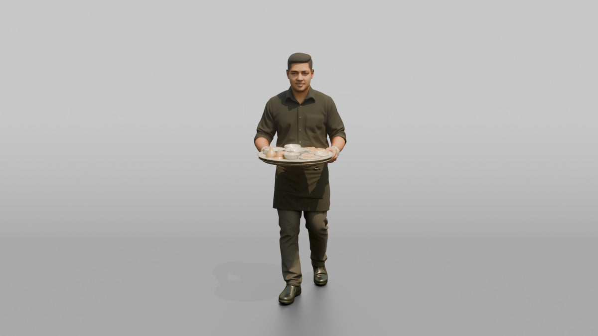Server Man Holding A Bread Basket With Both Hands - 3D character model, view 5
