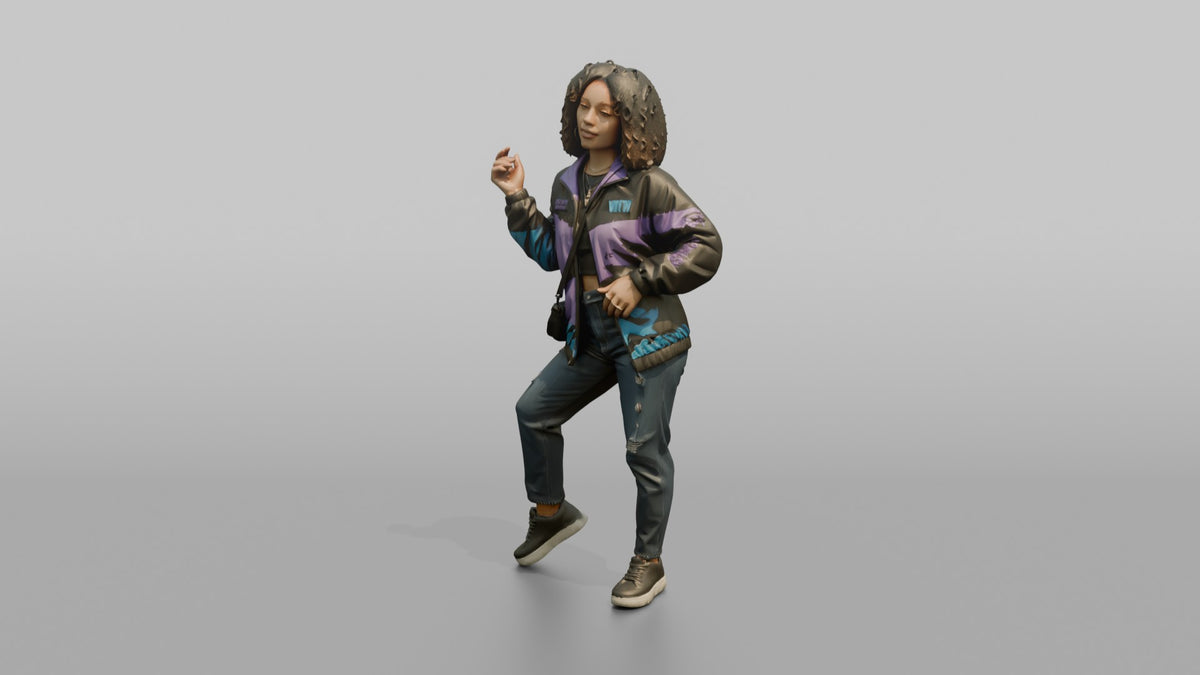 Patron Woman Striking A Bold Urban Pose In A Graphic Windbreaker - 3D character model, view 4