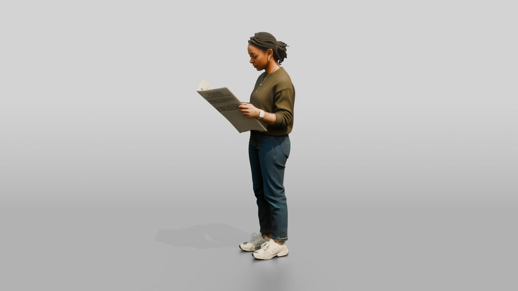 Homeless Woman Reading a Folded Newspaper