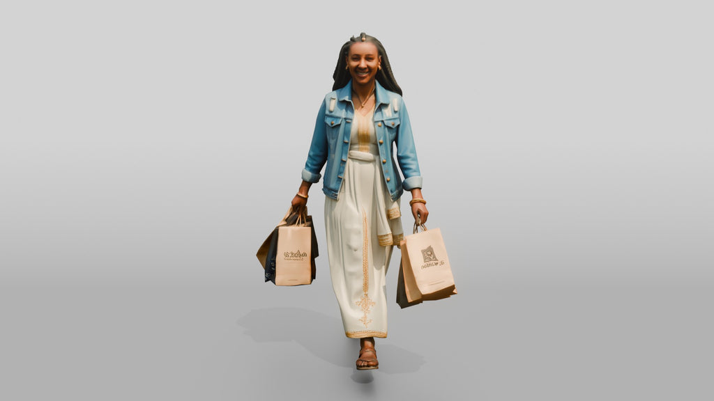 Slender African Woman in Denim Jacket Carrying Shopping Bags