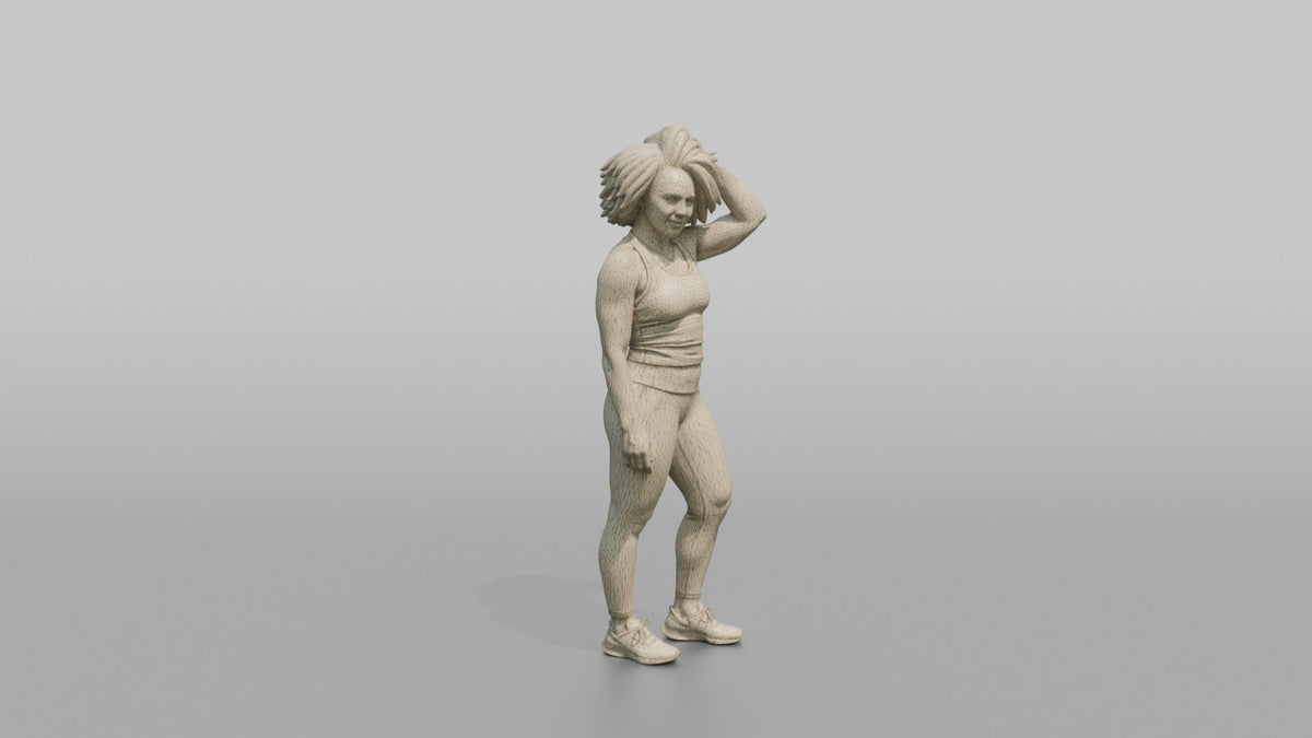 Physique Model Woman Standing With One Hand Through The Hair, Confident Pose - wireframe topology preview