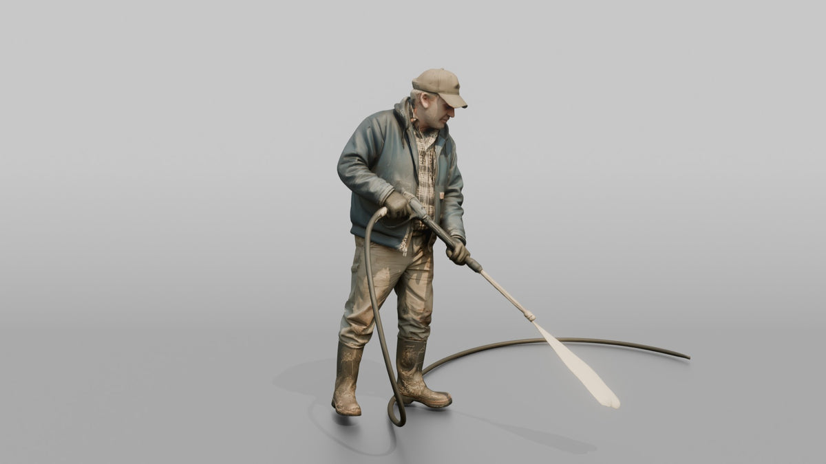 Farmer Spraying Down Concrete Barn Floor - 3D character model, view 1