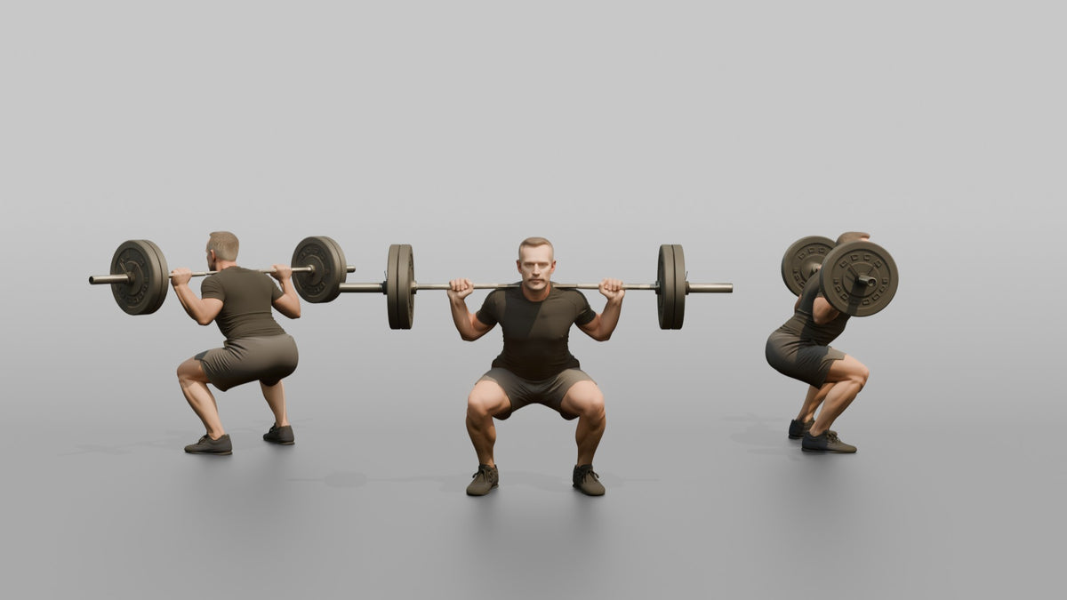 Weightlifter Man Holding A Barbell Across The Shoulders In A Squat Stance - 3D character model, view 1
